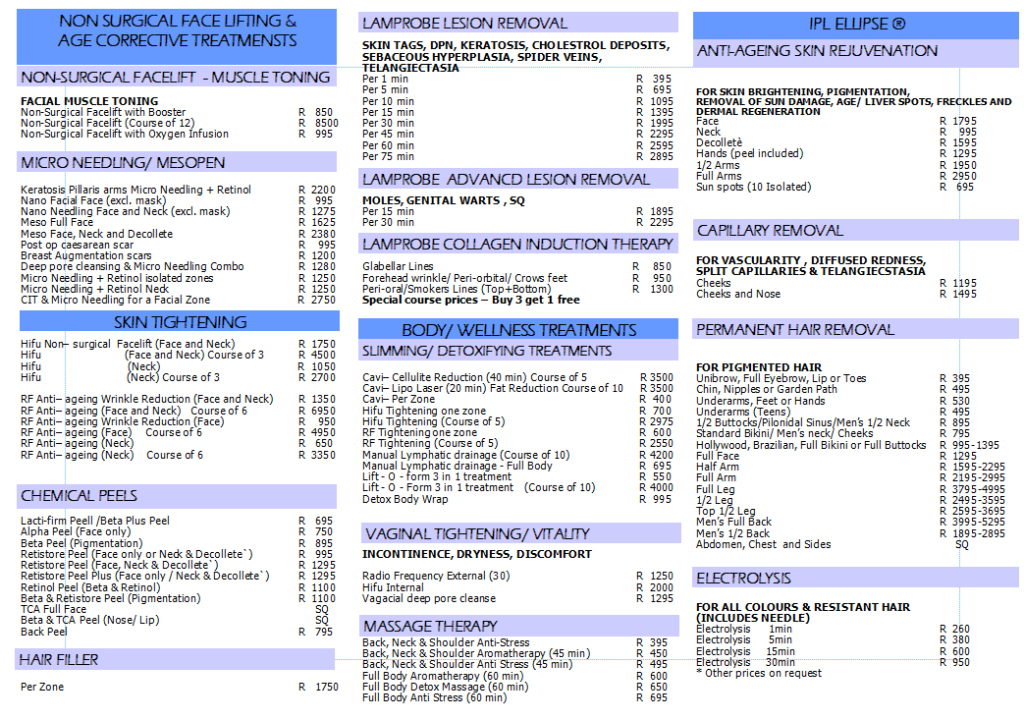 Price List The Skin & Body Clinic